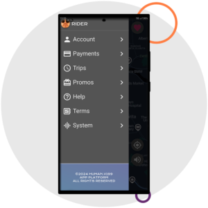 This is the account's main menu where can access your account's views - such as account, payments, trips, promos, help, terms, system status, etc.