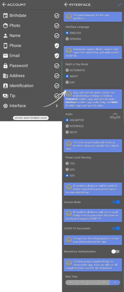 This is the account's interface view which includes the following.
