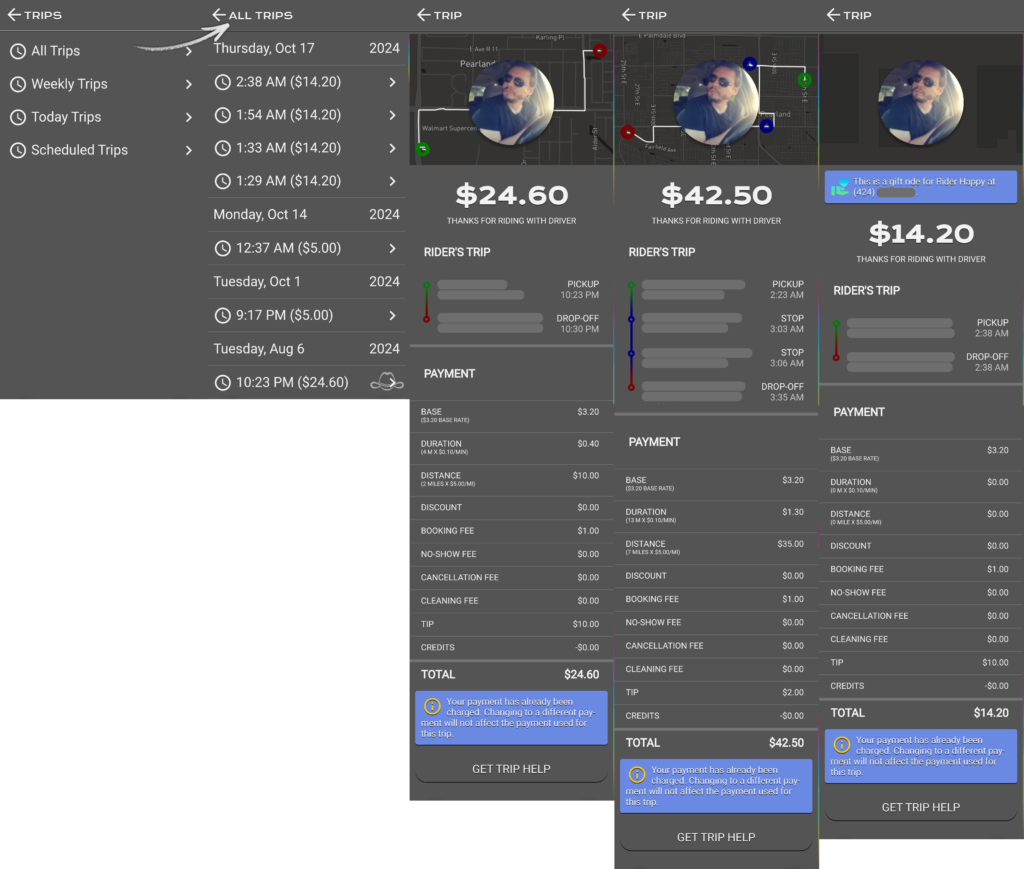 This is the all trips view. The trips can be regular trips, or with stops, or scheduled trips, or as gifted trips to someone else.